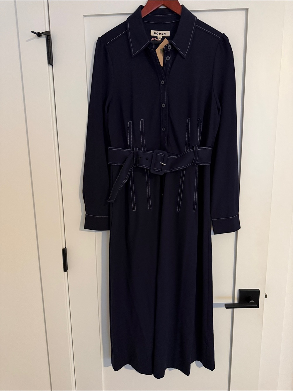 Boden Navy Long Sleeve Belted Shirt Dress with White Topstitching